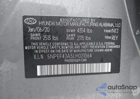 2020 Hyundai Sonata Sel из США, поврежденный, VIN 5NPEF4JA5LH021064